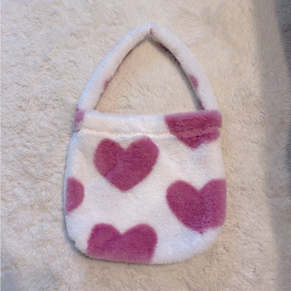Pink and White Heart Fluffy Bag/Purse - Picture 2 of 2